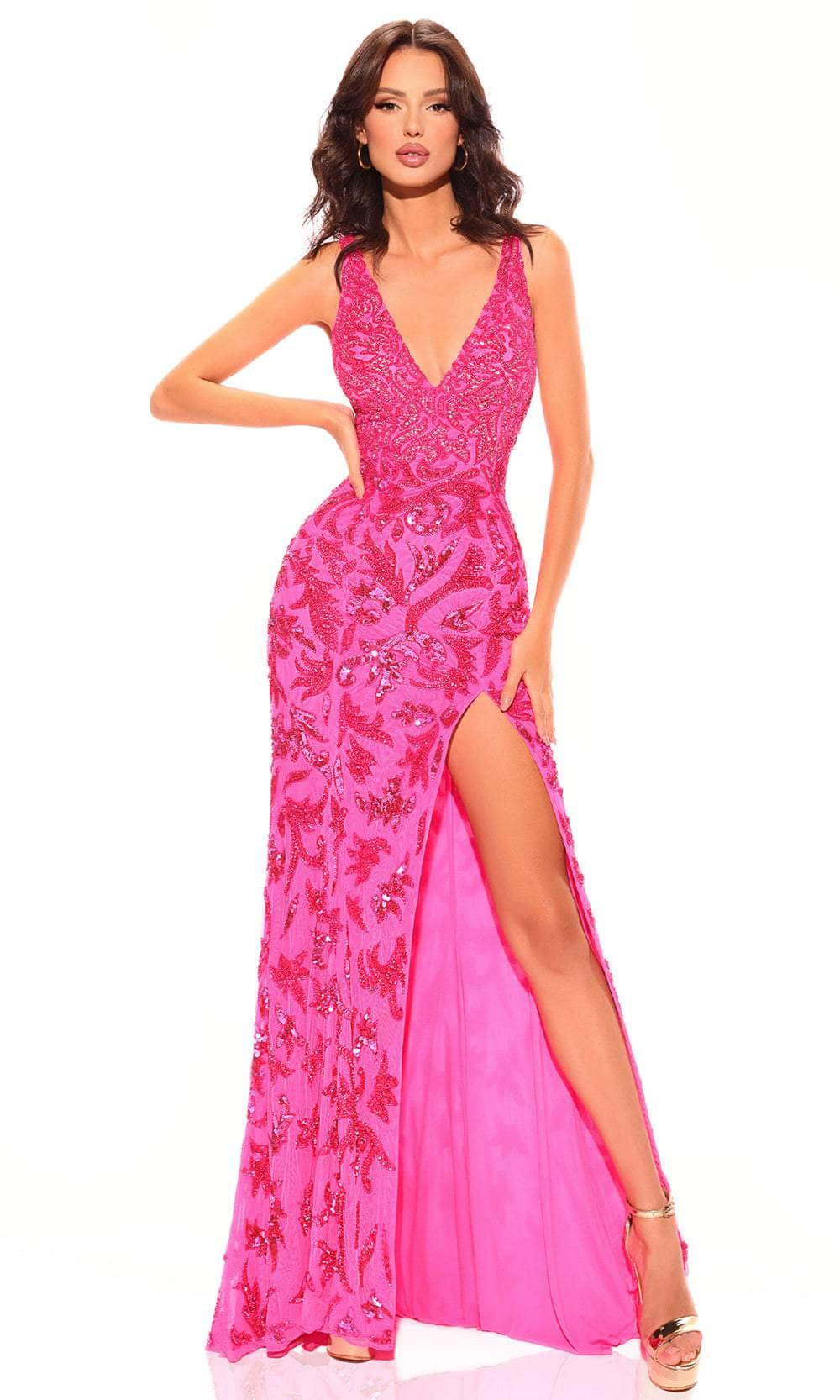 Amarra 94009 - High Slit Embellished Prom Dress 4 / Neon Pink