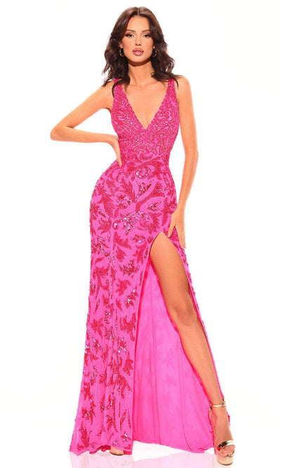 Amarra 94009 - High Slit Embellished Prom Dress 4 / Neon Pink