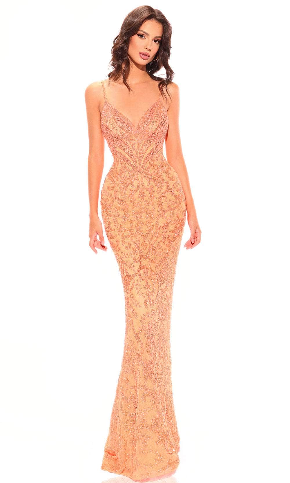 Amarra 94011 - Beaded Sheath Evening Dress 00 / Dreamsicle
