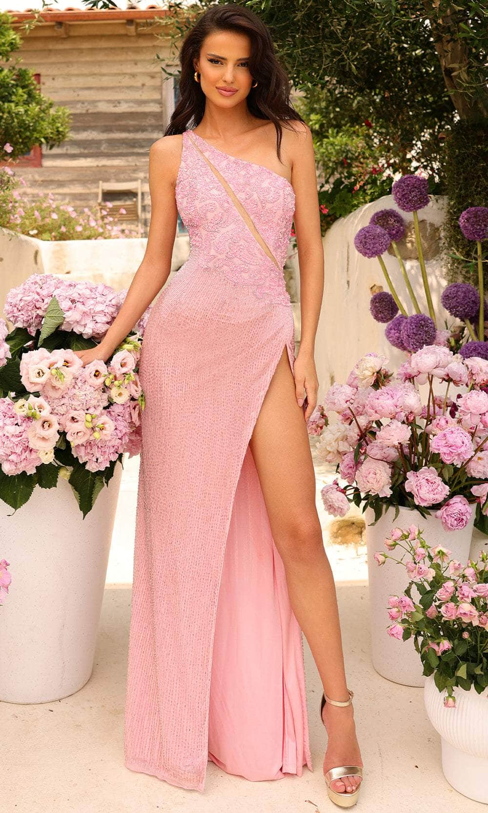 Amarra 94013 - Beaded Cut-Out Evening Dress 2 / Light Pink