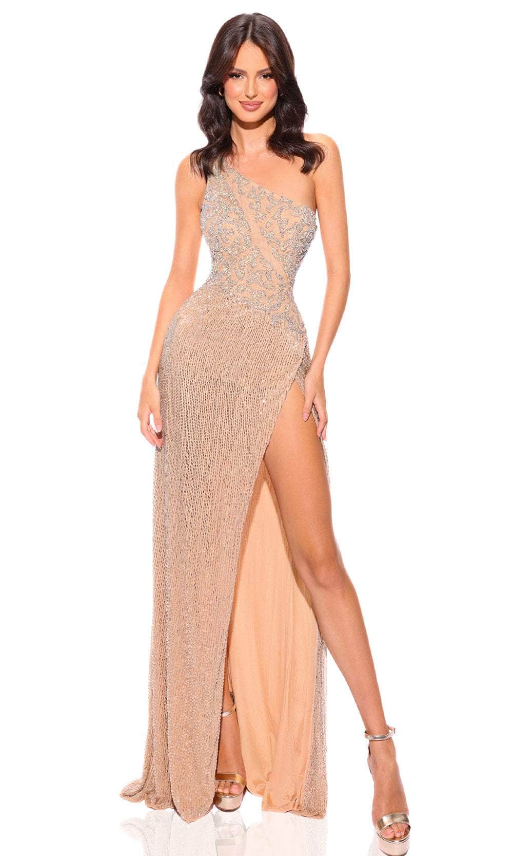 Amarra 94013 - Beaded Cut-Out Evening Dress 00 / Nude/Silver