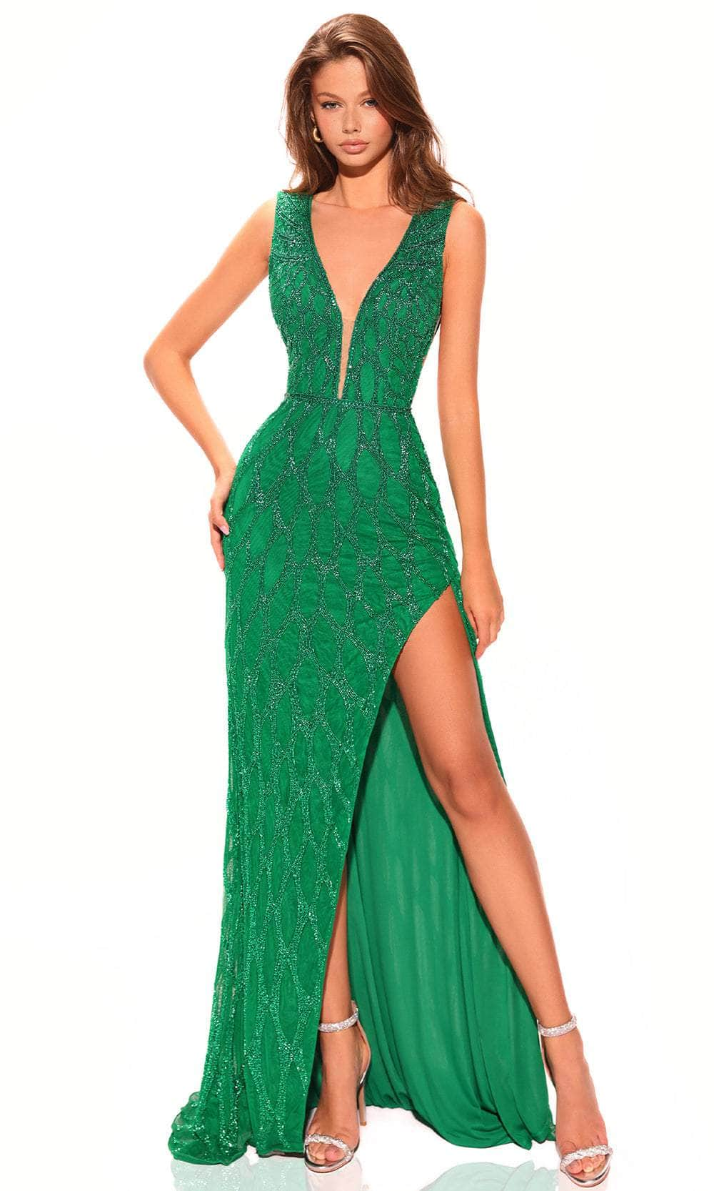 Amarra 94030 - Beaded V-Neck Evening Dress 4 / Emerald