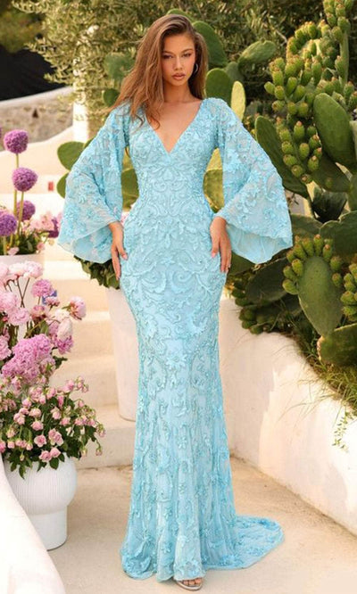 Amarra 94037 - Bell Sleeve Adorned Prom Dress 000 / Blue