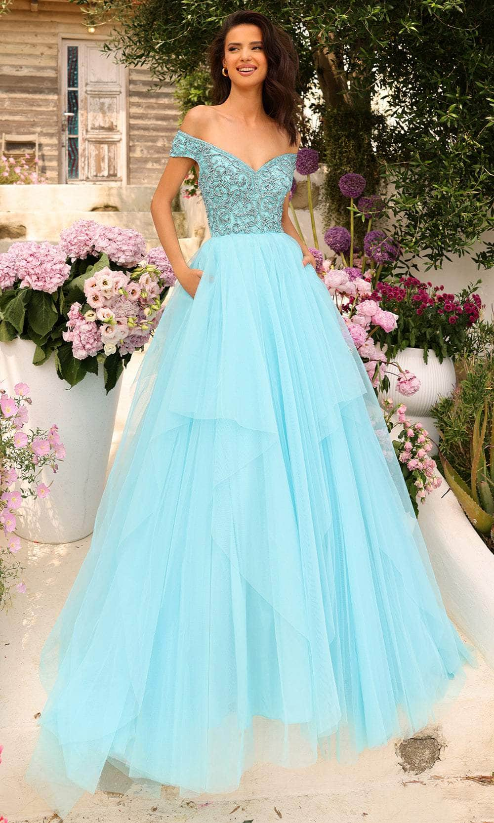 Amarra 94038 - Off-Shoulder Evening Gown 000 / Light Blue