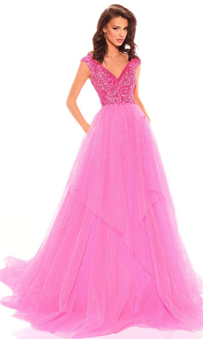 Amarra 94038 - Off-Shoulder Evening Gown 4 / Neon Pink