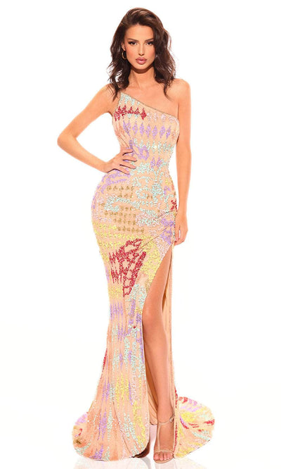 Amarra 94056 - Sequined Asymmetric Prom Gown 2 / Gold/Multi