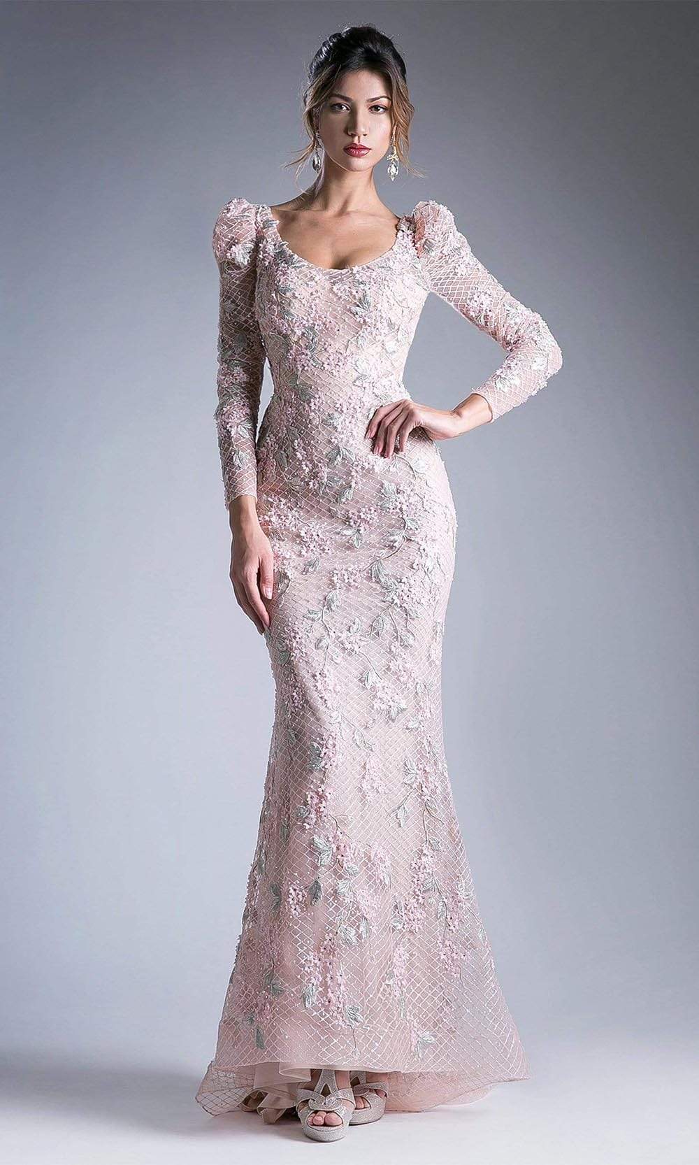 Andrea and Leo - 6475 Puff Ornate Long Sleeve Embroidered Dress Special Occasion Dress 2 / Peach