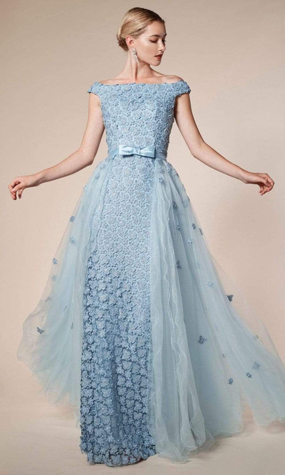 Andrea and Leo - 6510 Floral Textured Overskirt Dress Special Occasion Dress 2 / Sky Blue