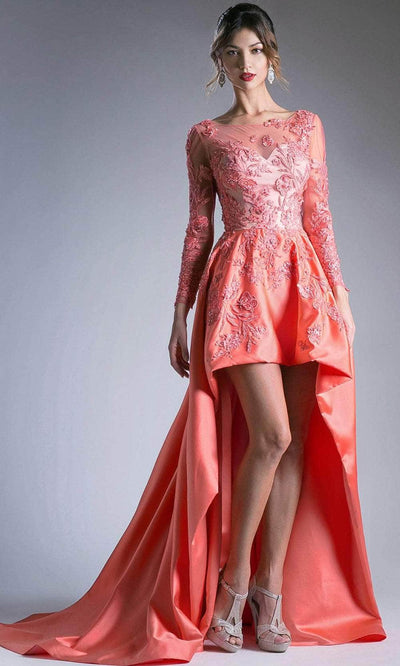 Andrea and Leo 7045 - Embroidered Bateau High Low Evening Dress Evening Dresses 2 / Salmon