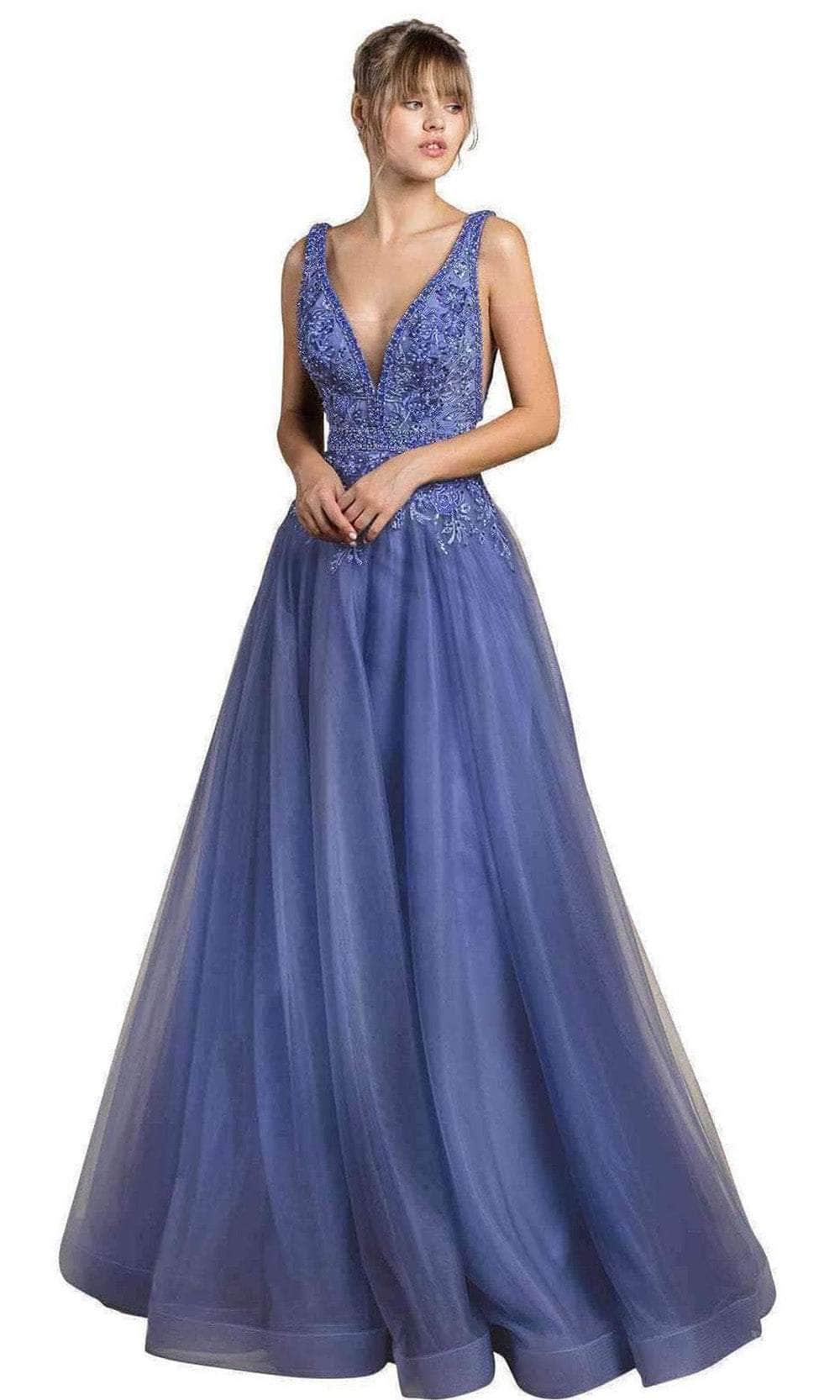 Andrea and Leo A0072 - Peony Embroidered A-Line Prom Dress Special Occasion Dress 2 / Perry Blue