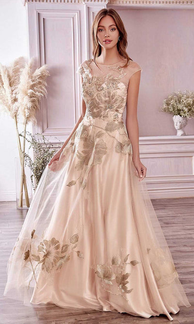Andrea and Leo - A0081 Floral Metallic Embroidery A-Line Gown Special Occasion Dress 2 / Champagne