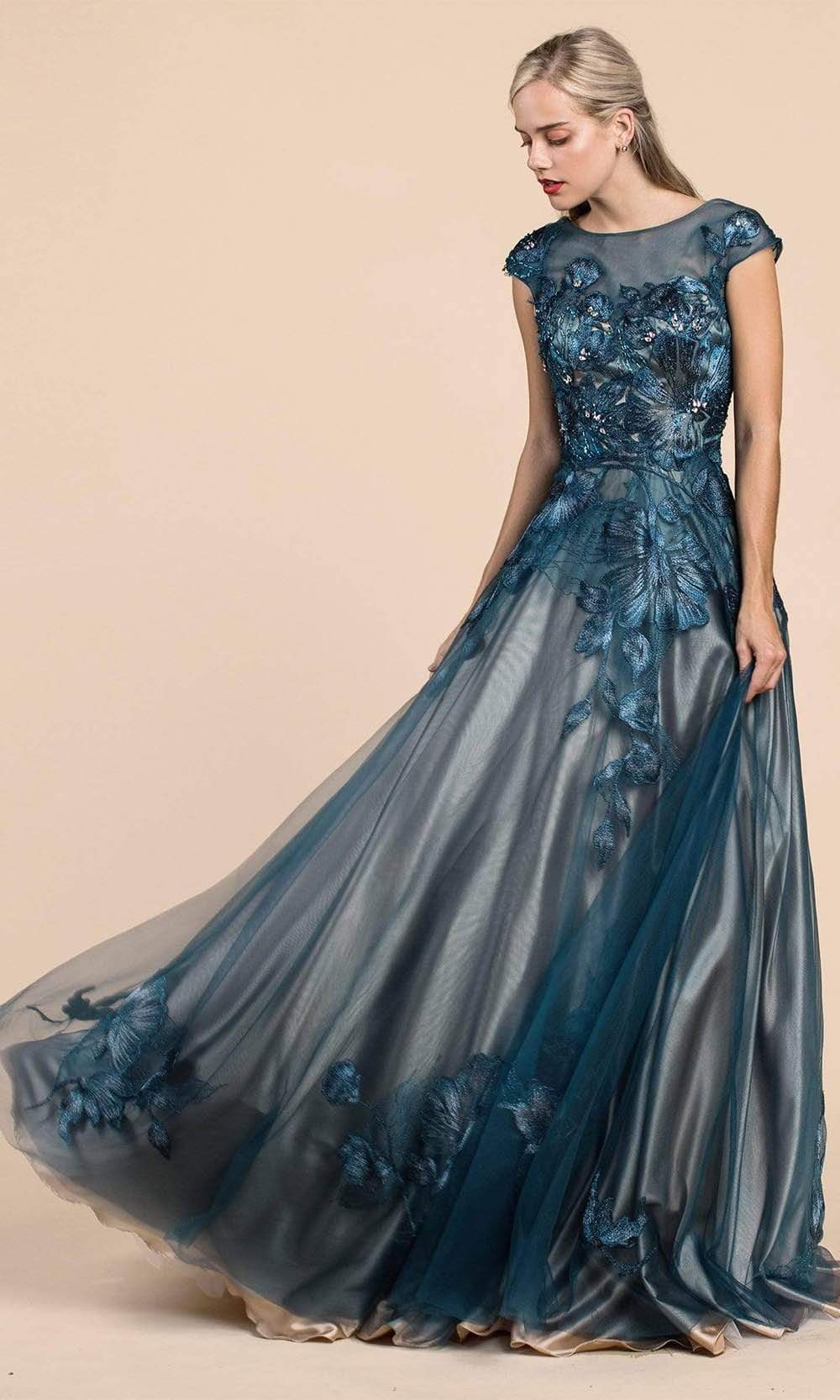 Andrea and Leo - A0081 Floral Metallic Embroidery A-Line Gown Special Occasion Dress 2 / Teal