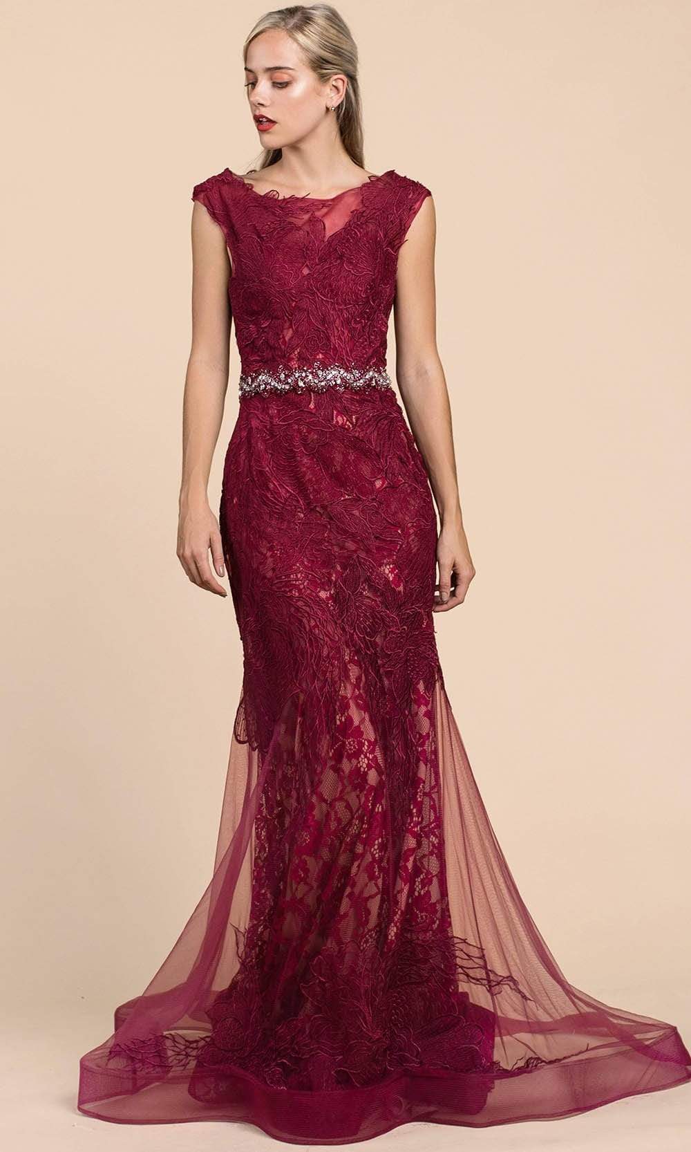 Andrea and Leo - A0225 Sheer Bateau Neck Embroidered Lace Mermaid Gown Mother of the Bride Dresses 2 / Burgundy