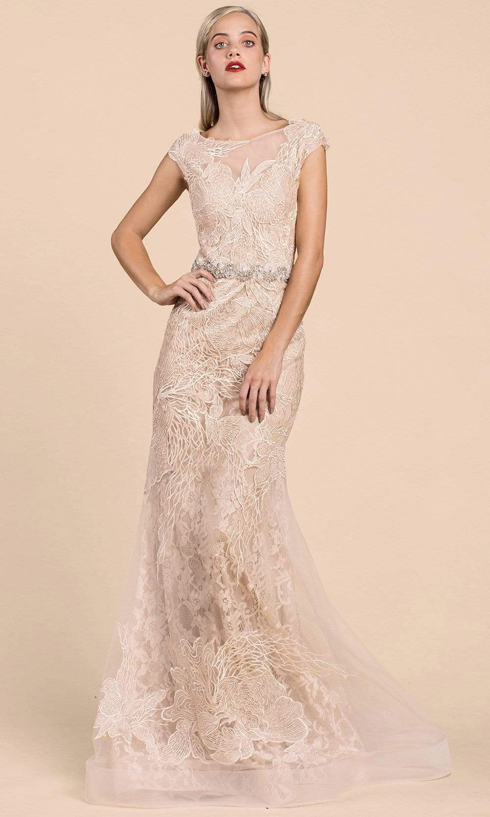 Andrea and Leo - A0225 Sheer Bateau Neck Embroidered Lace Mermaid Gown Mother of the Bride Dresses 2 / Champagne