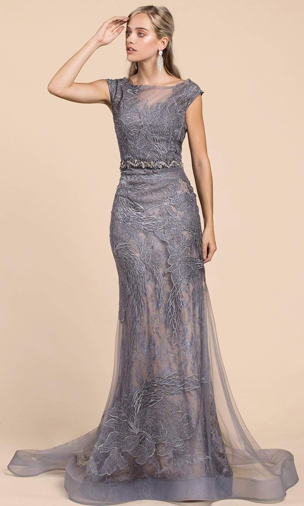 Andrea and Leo - A0225 Sheer Bateau Neck Embroidered Lace Mermaid Gown Mother of the Bride Dresses 2 / Gray