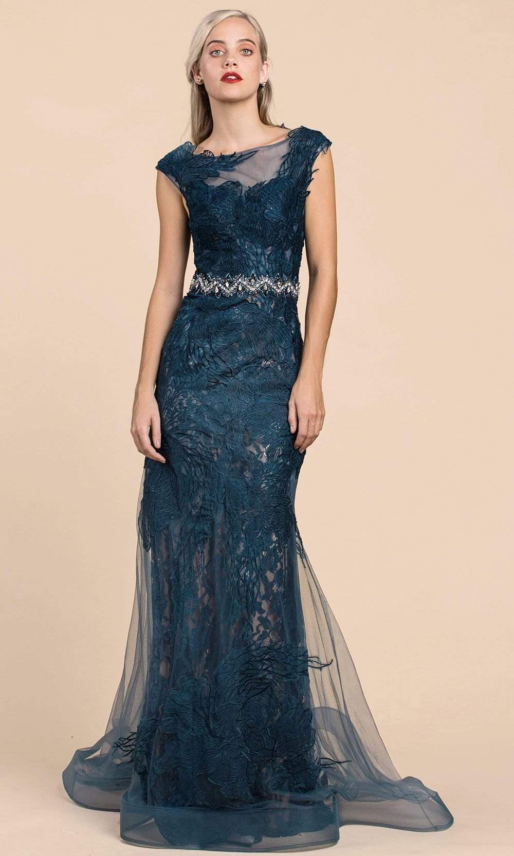Andrea and Leo - A0225 Sheer Bateau Neck Embroidered Lace Mermaid Gown Mother of the Bride Dresses 2 / Teal
