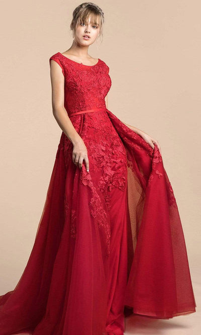 Andrea and Leo - A0257 Lace Appliqued Sheath Gown With Tulle Overskirt Mother of the Bride Dresses