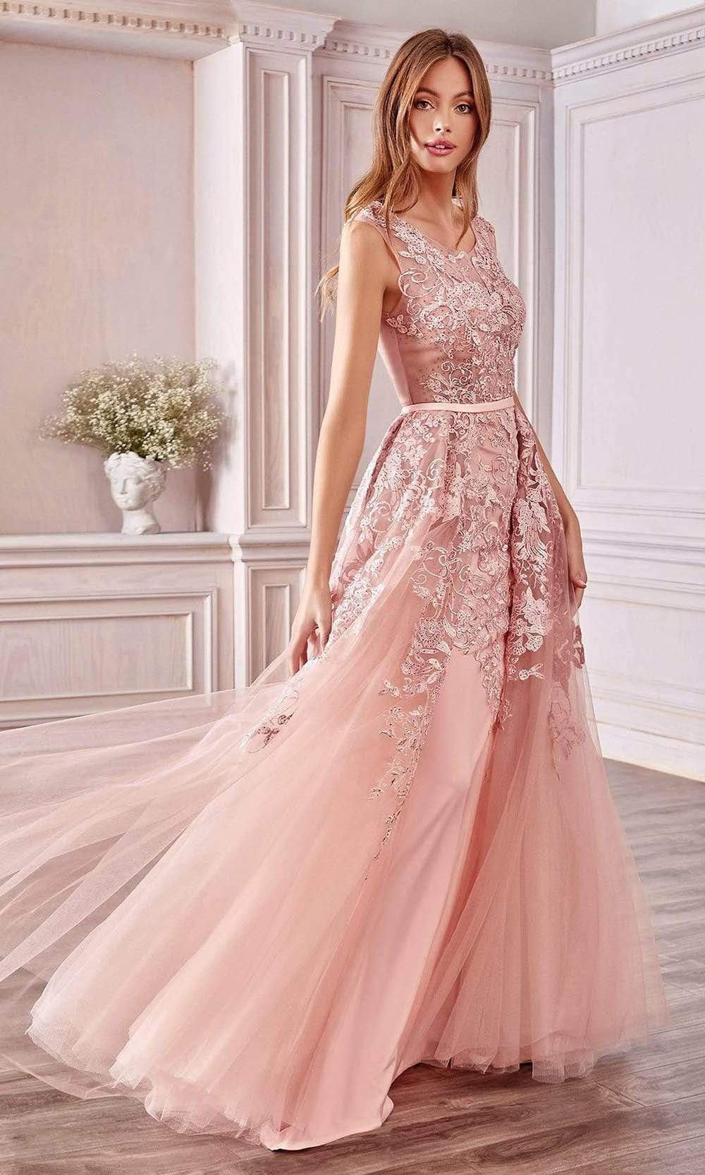 Andrea and Leo - A0257 Lace Appliqued Sheath Gown With Tulle Overskirt Mother of the Bride Dresses 2 / Dusty Rose