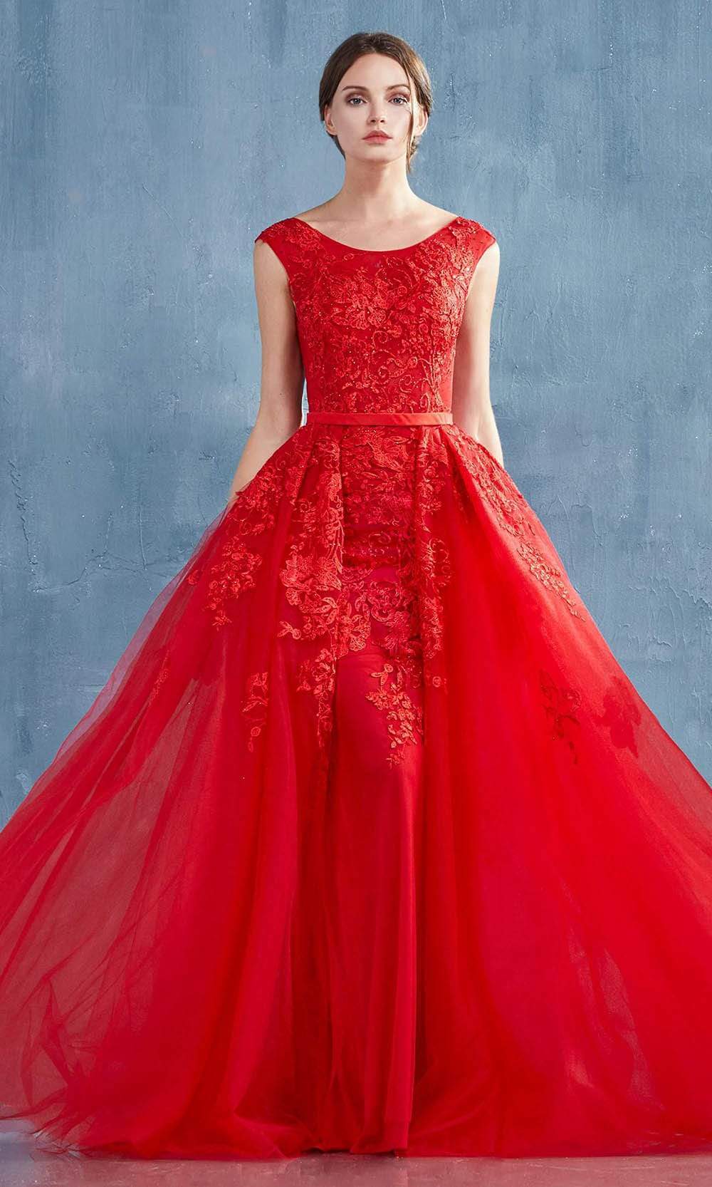 Andrea and Leo - A0257 Lace Appliqued Sheath Gown With Tulle Overskirt Mother of the Bride Dresses 2 / Red