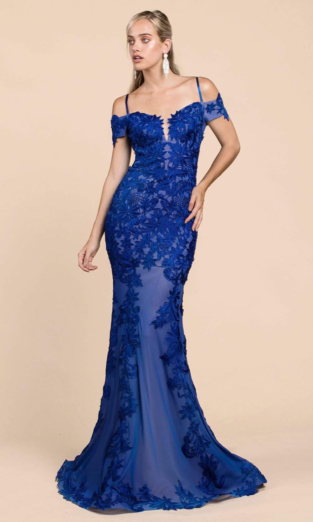 Andrea and Leo - A0258 Lace Embellished Off-Shoulder Trumpet Dress Special Occasion Dress