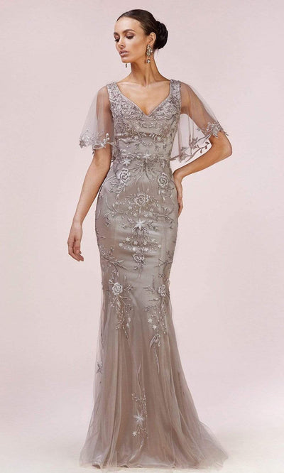 Andrea and Leo - A0553 Flutter Sleeve Embroidered Long Dress Evening Dresses 2 / Greige