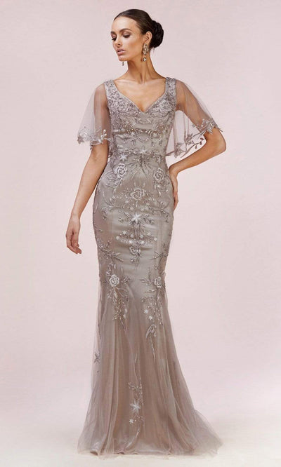 Andrea and Leo - A0553 Sheer Flutter Sleeve Floral Embroidered Trumpet Gown - 1 pc Greige In Size 8 Available CCSALE 8 / Greige