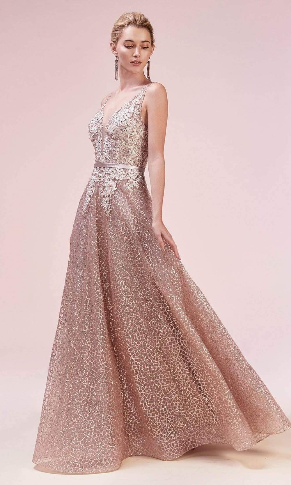 Andrea and Leo - A0568SC V Neck Glittery A-line Prom Dress In Pink and Gold