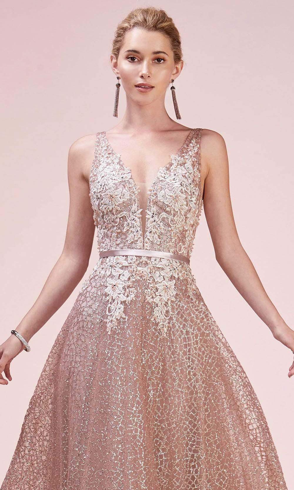 Andrea and Leo - A0568SC V Neck Glittery A-line Prom Dress In Pink and Gold