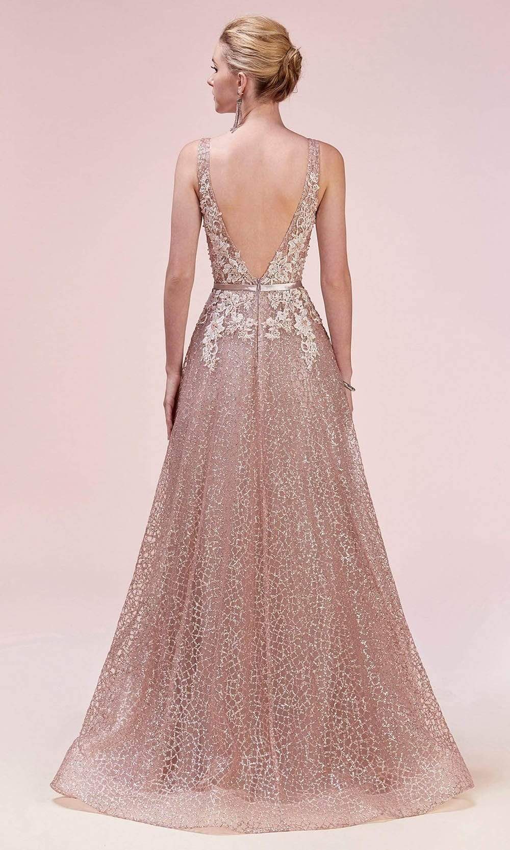 Andrea and Leo - A0568SC V Neck Glittery A-line Prom Dress In Pink and Gold