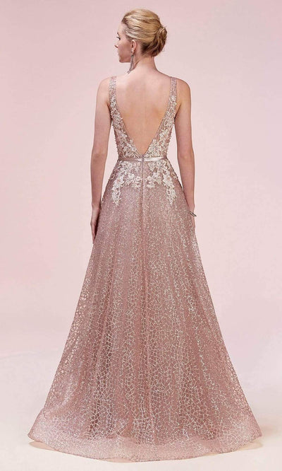 Andrea and Leo - A0568SC V Neck Glittery A-line Prom Dress In Pink and Gold