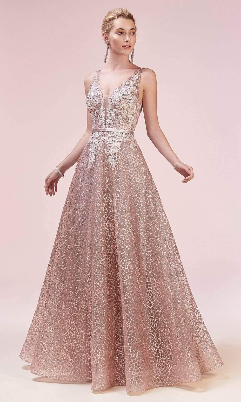 Andrea and Leo - A0568SC V Neck Glittery A-line Prom Dress In Pink and Gold