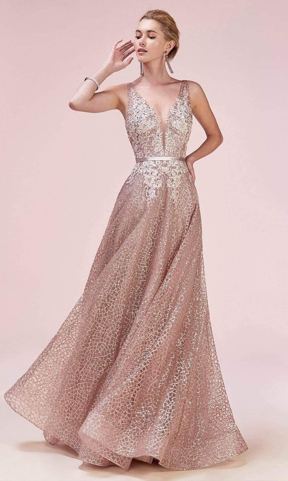 Andrea and Leo - A0568SC V Neck Glittery A-line Prom Dress In Pink and Gold