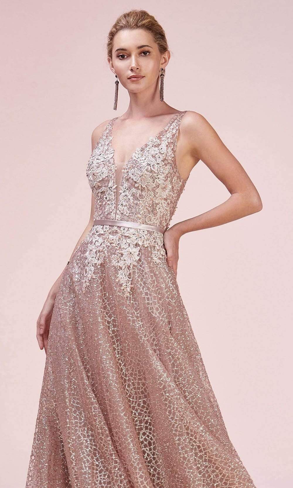 Andrea and Leo - A0568SC V Neck Glittery A-line Prom Dress In Pink and Gold