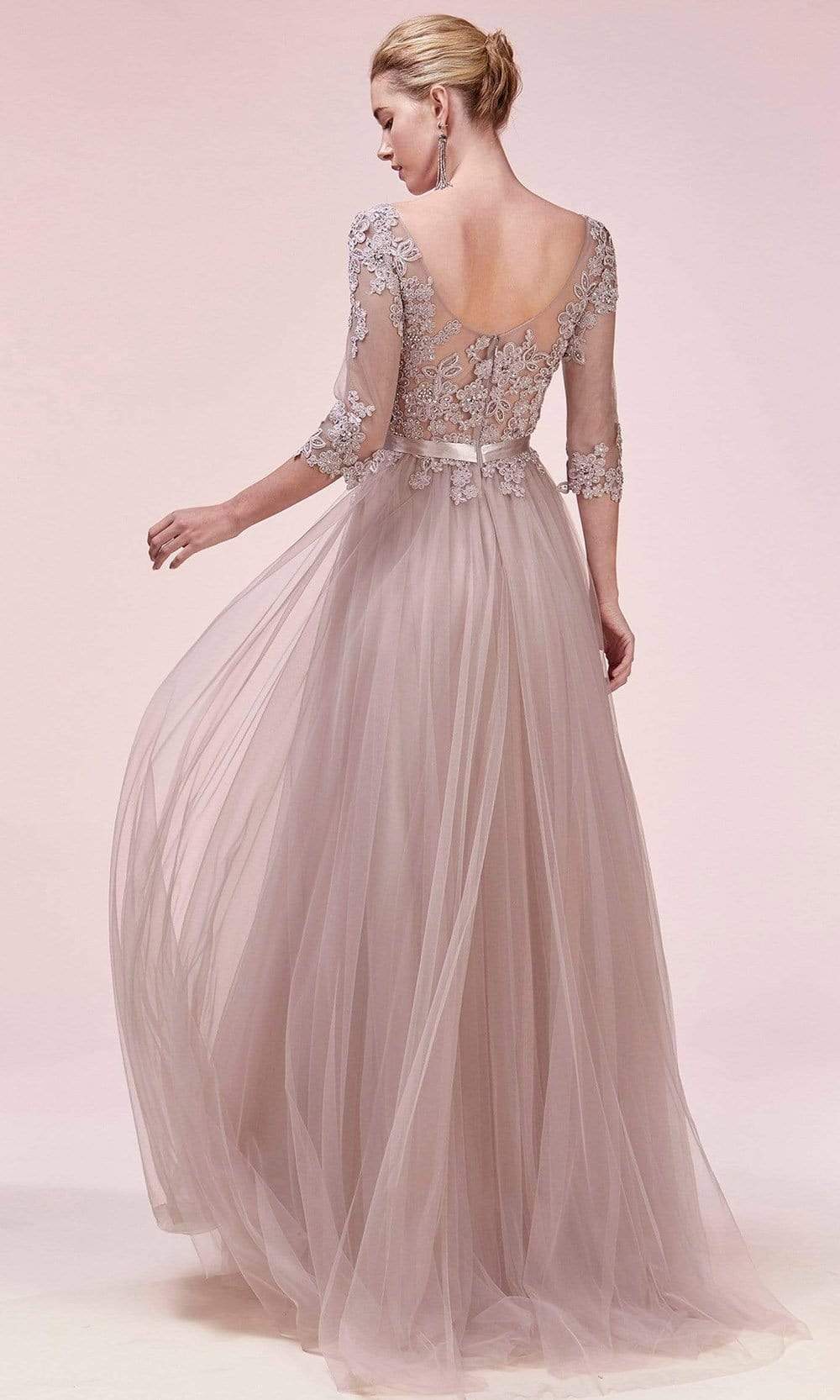 Andrea and Leo - A0571 Long Sleeve Beaded Applique High Slit Dress Prom Dresses