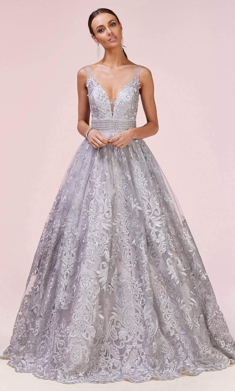 Andrea and Leo - A0620 Embroidered Lace Deep V Neck Ballgown Special Occasion Dress 2 / Silver