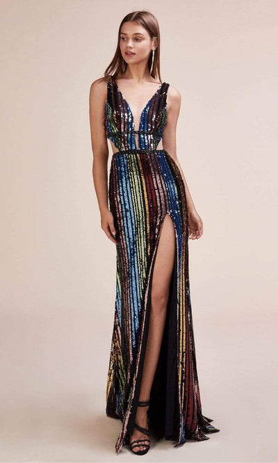 Andrea and Leo - A0631 Sequin Plunging Neck Dress with Slit Special Occasion Dress 2 / Multi