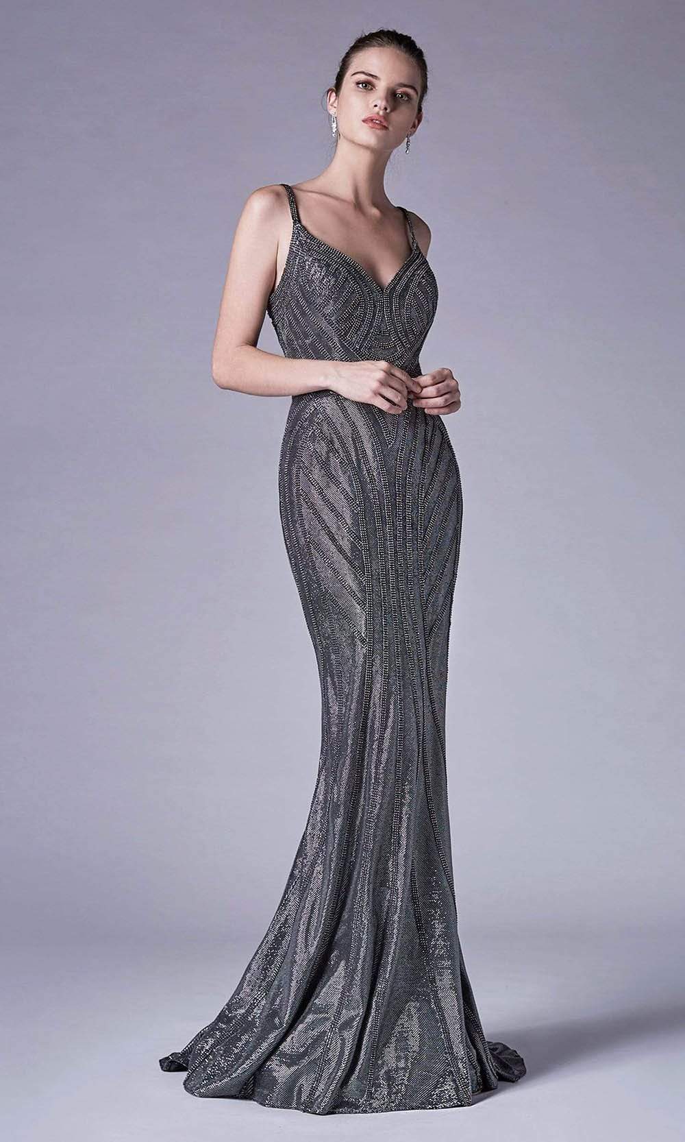 Andrea and Leo - A0646 Embellished V Neck Trumpet Gown Special Occasion Dress 2 / Black-Silver