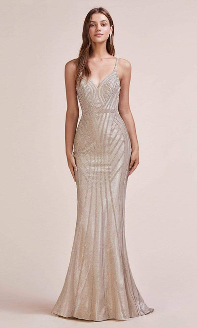 Andrea and Leo - A0646 Embellished V Neck Trumpet Gown Special Occasion Dress 2 / Gold