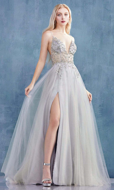 Andrea and Leo - A0672 Illusion Beaded Bodice Tulle A-Line Gown Bridesmaid Dresses 2 / Lt Gray