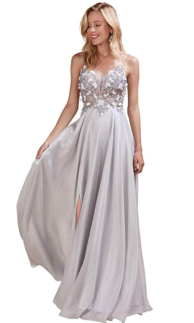 Andrea and Leo A0679 - Floral Applique A-line Gown Evening Dresses 2 / Silver