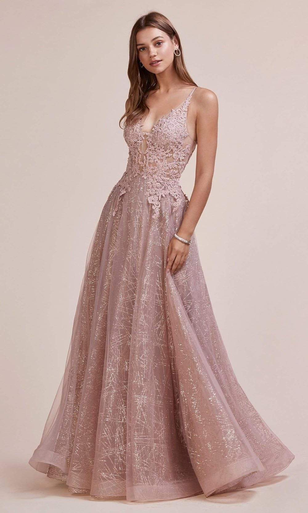 Andrea and Leo - Sleeveless Lace Applique A-Line Gown A0681SC In Pink and Gold