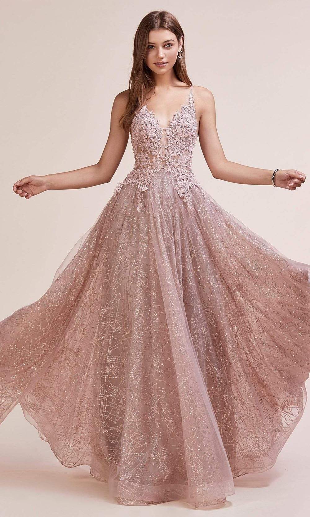 Andrea and Leo - Sleeveless Lace Applique A-Line Gown A0681SC In Pink and Gold