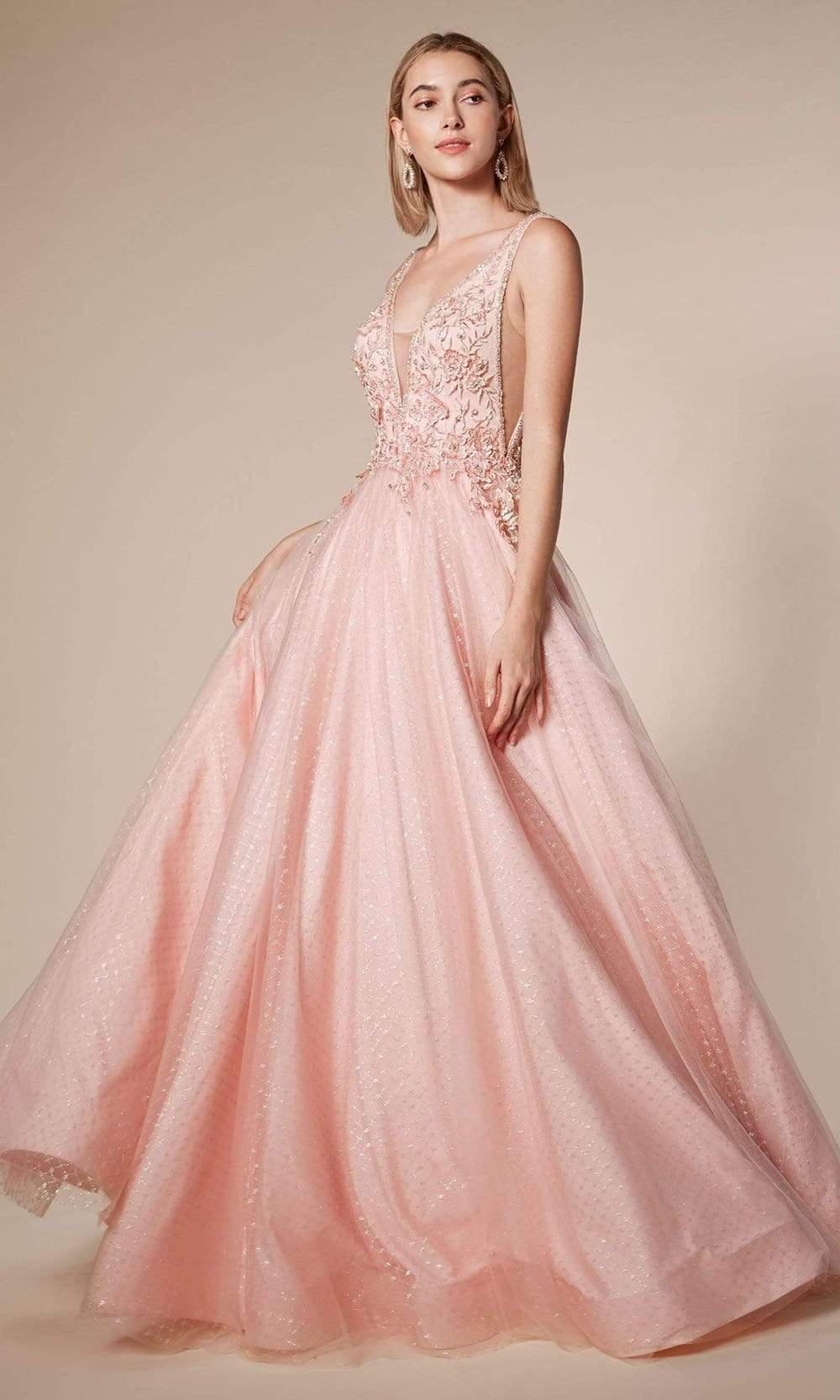 Andrea and Leo - A0696 Floral Appliqued Beaded V Cut Bodice Ballgown In Pink