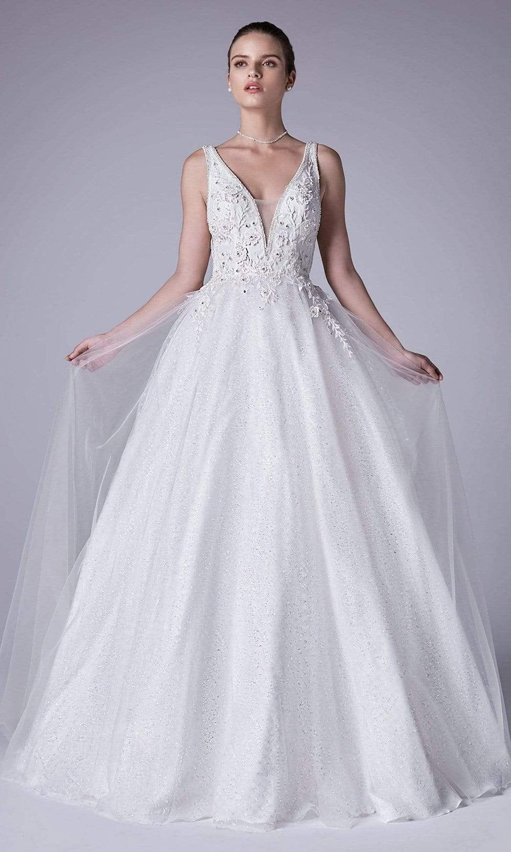 Andrea and Leo - A0696 Floral Appliqued Beaded V Cut Bodice Ballgown Special Occasion Dress 2 / Off White