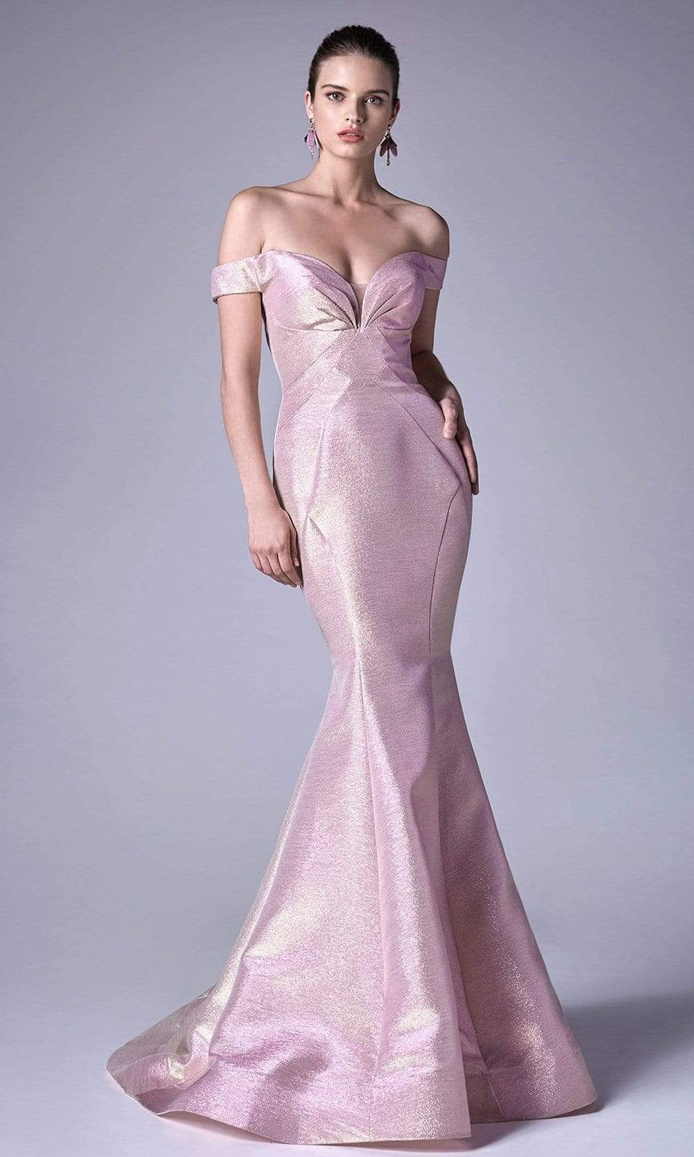 Andrea and Leo - A0725 Off-Shoulder Metallic Jacquard Mermaid Gown Evening Dresses 2 / Opal Pink