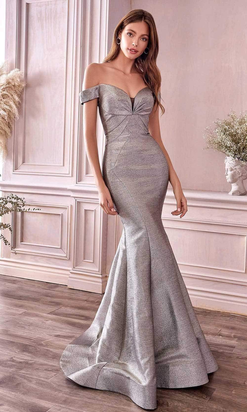 Andrea and Leo - A0725 Off-Shoulder Metallic Jacquard Mermaid Gown Evening Dresses 2 / Opal Silver