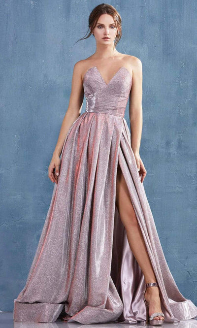 Andrea and Leo - A0734 Strapless V-Neck A-Line Glitter Gown With Slit Special Occasion Dress