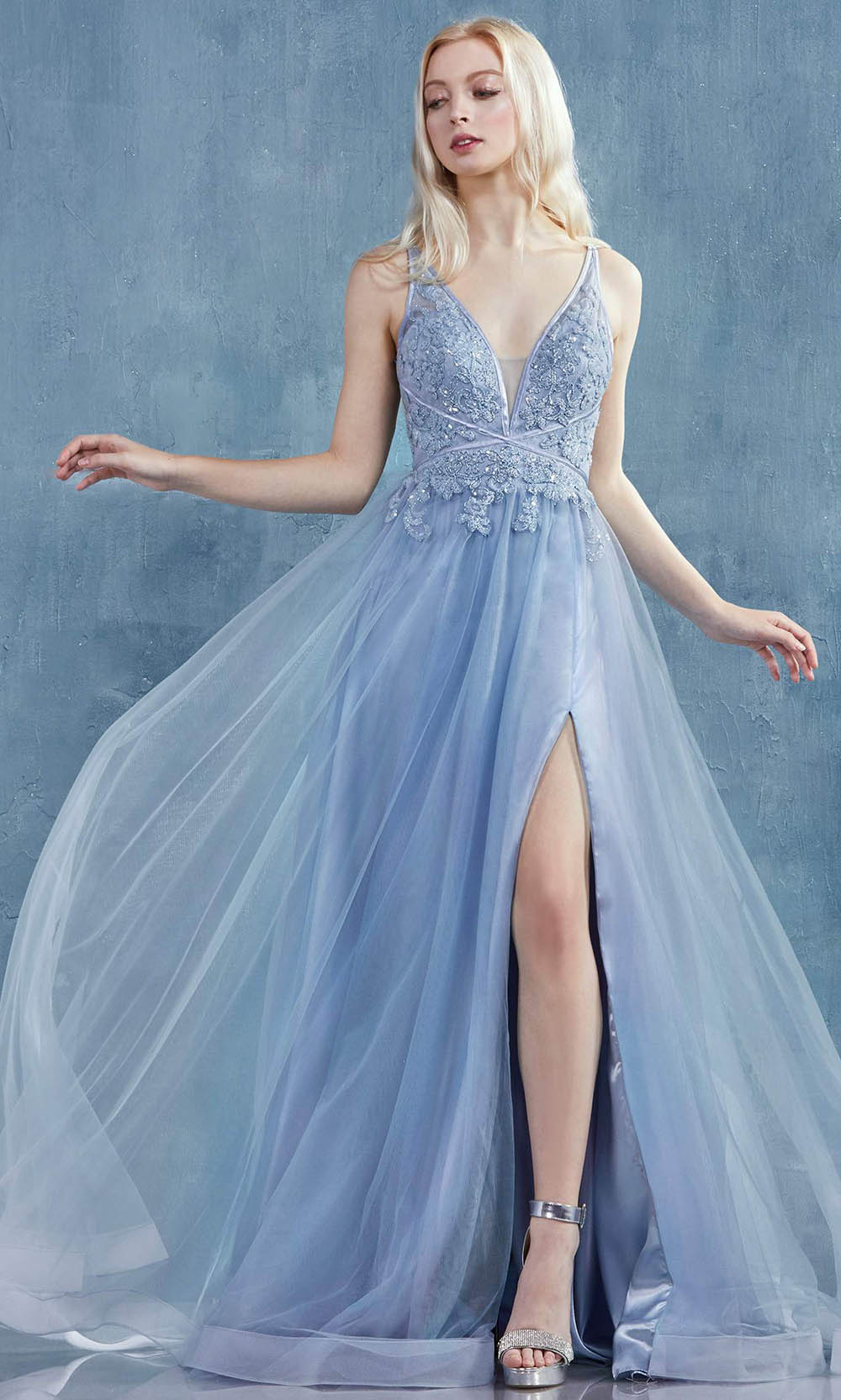 Andrea and Leo - A0762 Beaded Floral Lace Bodice Tulle A-Line Gown Special Occasion Dress 2 / Dusty Blue