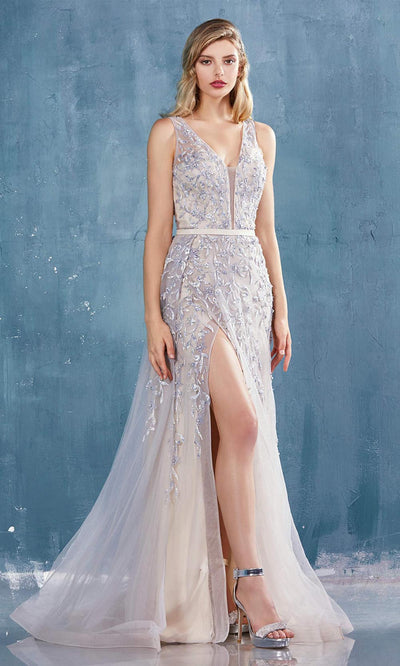 Andrea and Leo - A0817 Applique High Slit Trumpet Dress Special Occasion Dress 2 / Dusty Blue