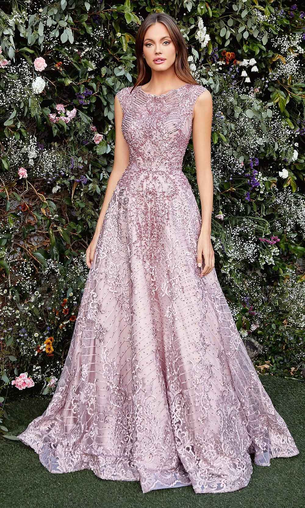 Andrea and Leo - Cap Sleeve Beaded Lace A-Line Gown A0820SC In Pink